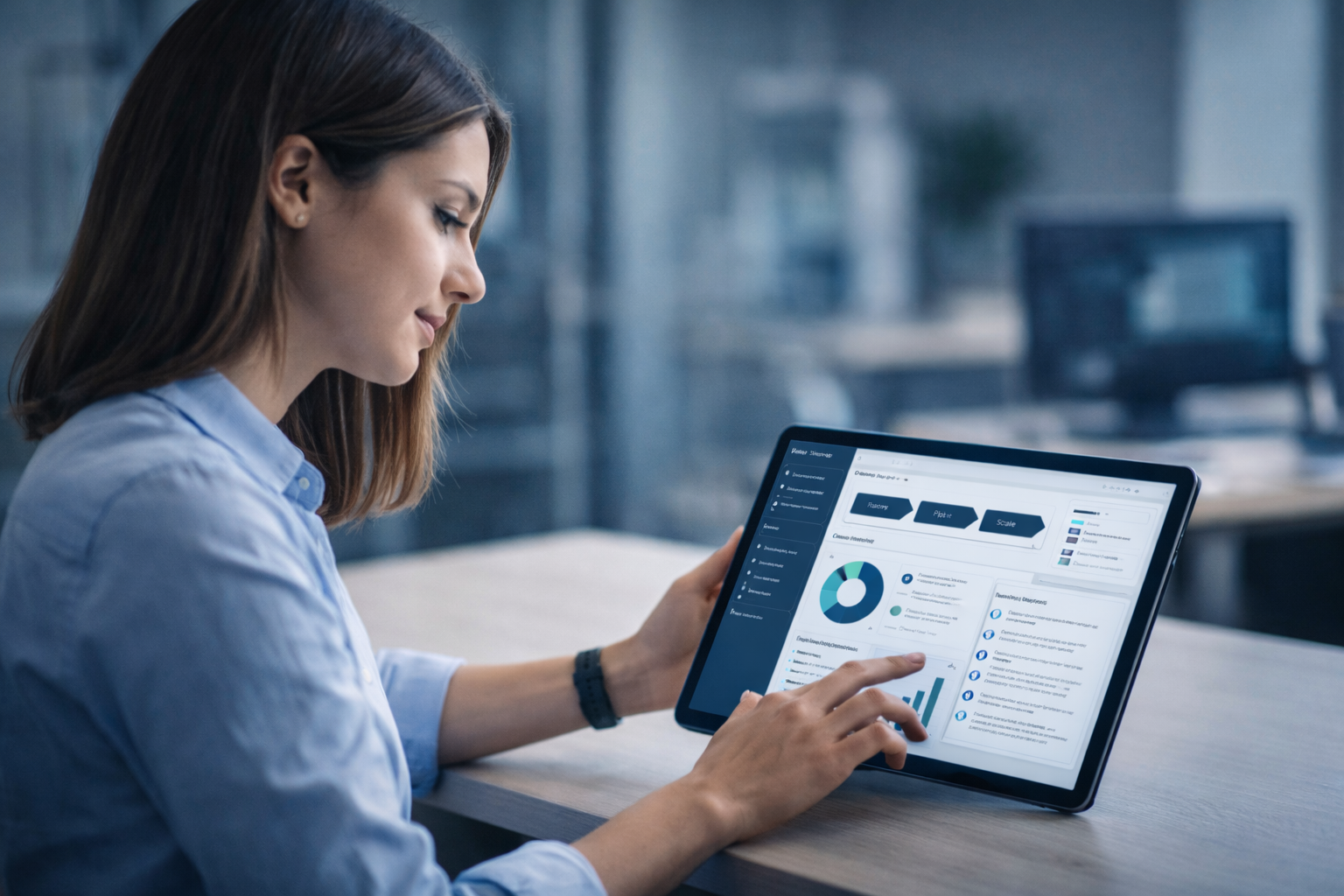 A young professional engaging with an AI-powered analytics interface on a tablet